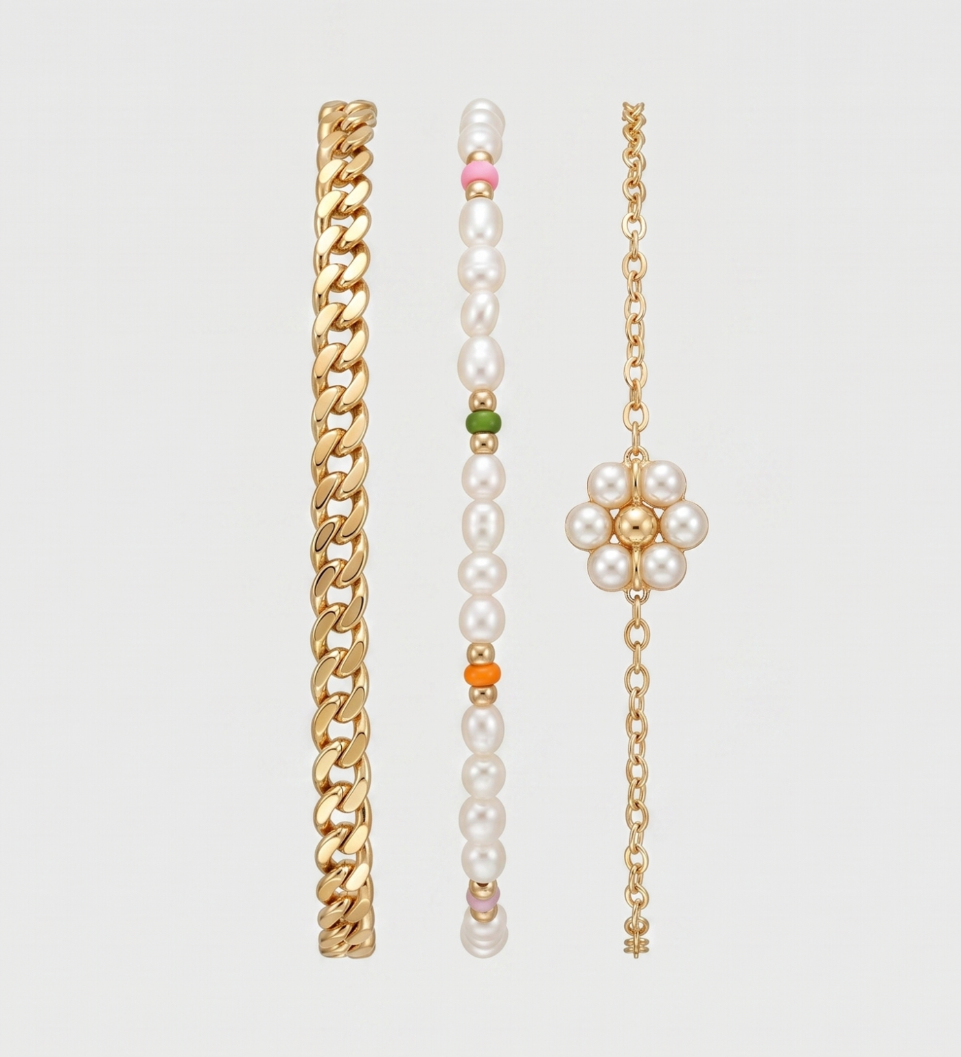 Conjunto de Pulseiras Ouro e Pérolas