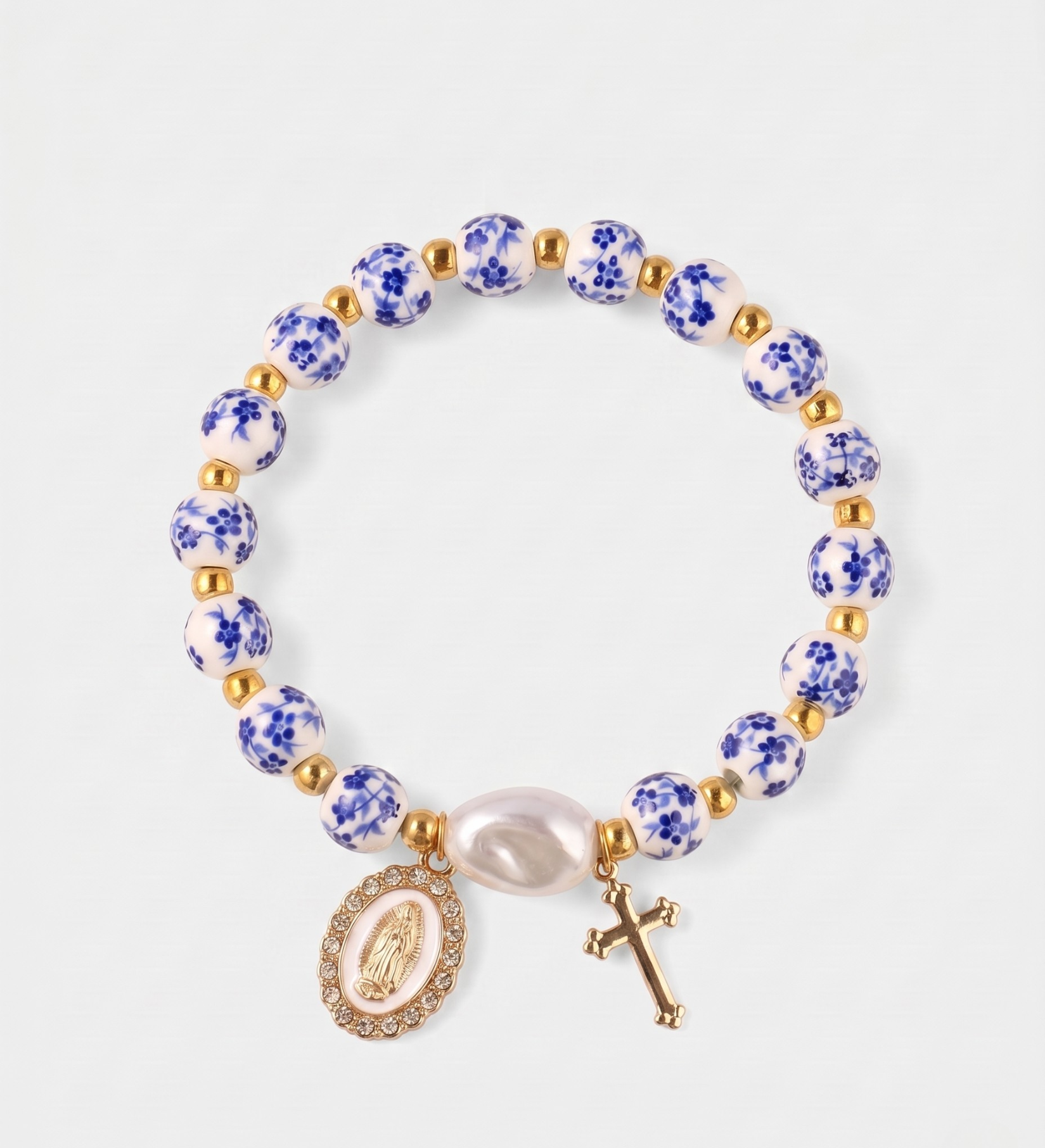 Pulseira Pérolas de Azulejo e Cruz
